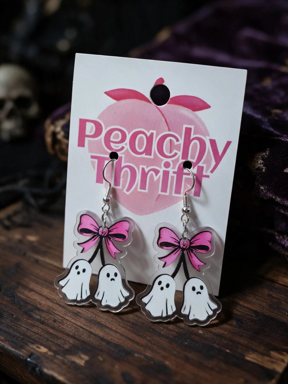 Spooky Cute Ghost Cherry Bow Earrings Acrylic Halloween Dangles Pink Coquette